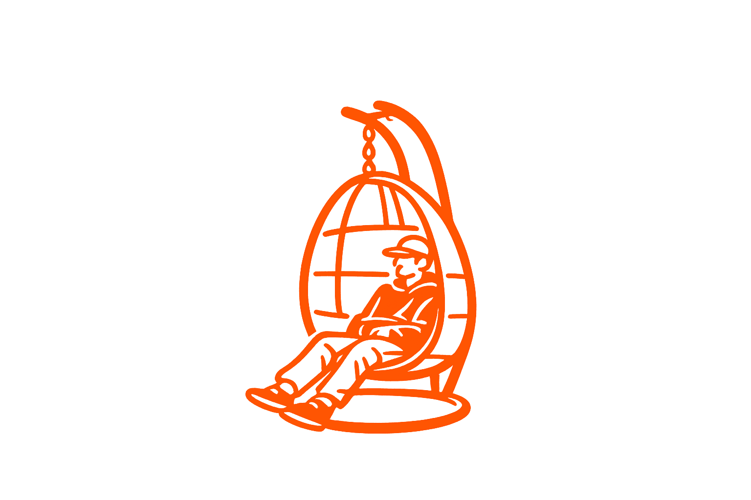 Tensho Arai — illustrated portrait, reclining in an egg-shaped hanging chair